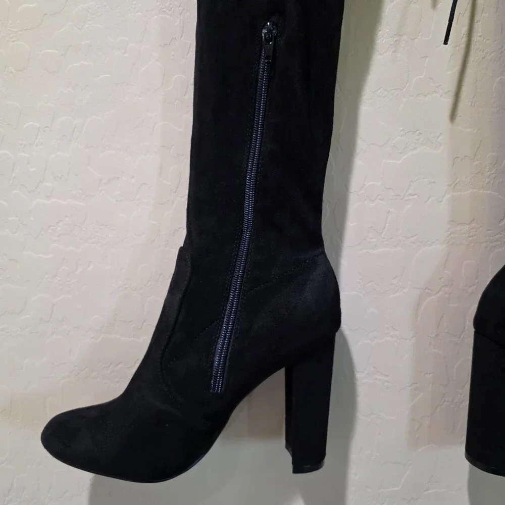 NWOT Black Faux Suede Over the Knee Thigh High Heeled Winter Goth Boots Boot 39